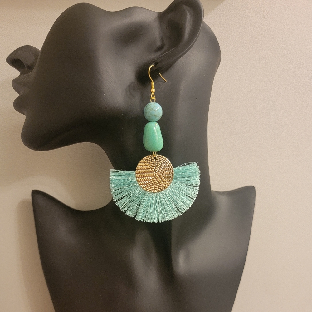 Mint Turquoise Fringe Earrings with Gold Disc - Women Jewelry